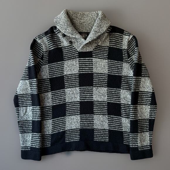RRL Wool Sweater Large Gray Black Check Knit Shawl Collar Pullover New York